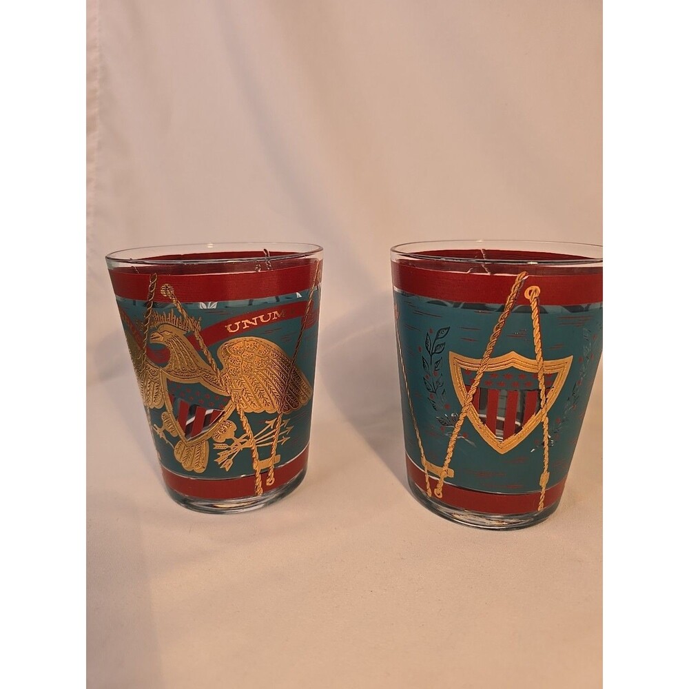 Two Cera Eagle "E Pluribus Unum" Rocks Glasses Barware 22KGold Shield Drum 1776